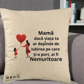 Cadou pentru Mama - Perna Personalizata Mama Nemuritoare cu Bebelus Kawaii, 40x40 cm, Bej, Husa Detasabila, Perna Inclusa, BEKZ®