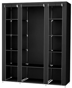 Dulap textil de depozitare MATIS 150x175 cm, negru, cu polițe și bară pentru haine