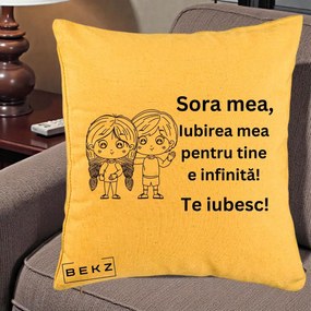 Cadou pentru Sora - Perna Personalizata Sora Mea Te Iubesc Copii Anime Line Art, 40x40 cm, Galben, Husa Detasabila, Perna Inclusa, BEKZ®