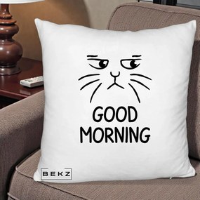 Perna Decorativa Pisica Morocanoasa Good Morning, 40x40 cm, Alb Pufos, Husa Detasabila, Perna Inclusa, BEKZ®