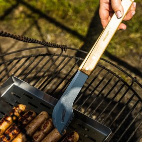 Set 3 ustensile BBQ Kinghoff KH 1918, Spatula, Spatula, Furculita, Manere din lemn, Orificiu pentru agatat, Inox / Maro