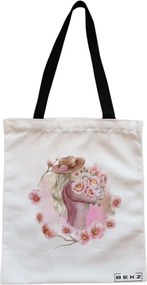 Sacosa de Panza pentru Cumparaturi, Geanta Tote, model Floral Romance, Cu fermoar, 38x34.5 cm, Alba, BEKZ®