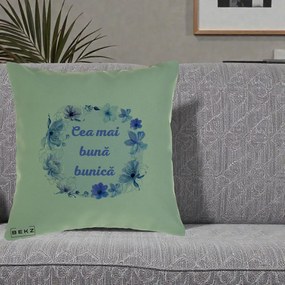Cadou pentru Bunica - Perna Personalizata Cea Mai Buna Bunica Coronita Flori Albastre Acuarela, 40x40 cm, Verde, Husa Detasabila, Perna Inclusa, BEKZ®