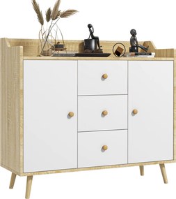HOMCOM Comodă cu 3 Sertare și 2 Dulapuri cu Rafturi, Bufet Modern din PAL și Lemn de Pin, 90x32x80 cm, Alb | Aosom Romania
