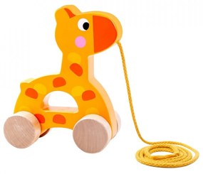 Jucarie educativa de tras din lemn masiv NOVOKIDS™ My first Tiny Giraffe, Cu roti, Motricitate , Cu sfoara de tractare, Materiale Eco, Galben