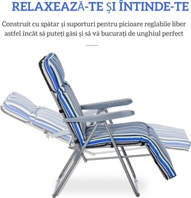 Outsunny Set de 2 Șezlonguri de Grădină Pliabile, Șezlonguri cu Spătar Reglabil pe 5 Nivele, Perne, Cotiere, din Oțel și Poliester, pentru Exterior, Terasă, Albastru și Crem | Aosom Romania