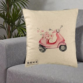 Perna Decorativa Scuter Roz cu Flori Acuarela, 40x40 cm, Bej, Husa Detasabila, Perna Inclusa, BEKZ®