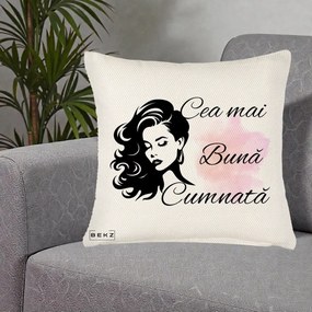 Cadou pentru Cumnata - Perna Personalizata Cea mai Buna Cumnata cu Silueta Dama si Pete Roz, 40x40 cm, Crem Reliefat, Husa Detasabila, Perna Inclusa, BEKZ®