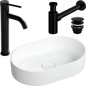 Pachet lavoar pe blat Omnires Ovo M+ alb 55 cm, baterie lavoar Rea Lungo negru si ventil pentru lavoar Click-Clack negru