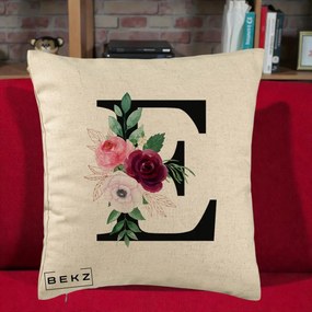 Cadou Personalizat - Perna Personalizata Monograma Florala Litera E, 40x40 cm, Bej, Husa Detasabila, Perna Inclusa, BEKZ®