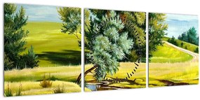 Tablou - Râu între câmpii, pictură în ulei (cu ceas) (90x30 cm)