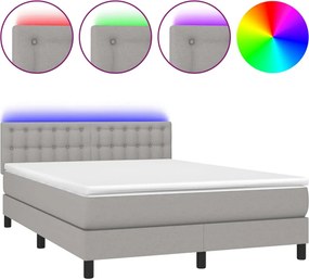 vidaXL Pat cu arcuri, saltea și LED, gri deschis, 140x190 cm, textil