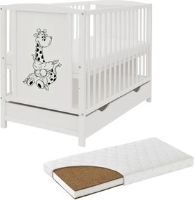 RESIGILAT Patut din lemn masiv 120x60 cm Bria alb cu sertar si saltea cocos LUX 120x60x12 cm, reglabil pe 3 nivele, certificat EN71