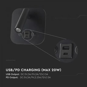 Aplica spot LED de perete cu port USB, 8W, 230V, 3000K, negru