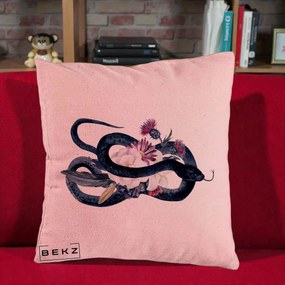 Perna Decorativa Sarpe Negru cu Flori Gothic, 40x40 cm, Roz, Husa Detasabila, Perna Inclusa, BEKZ®