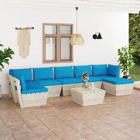 Set mobilier gradina din paleti cu perne, 8 piese, lemn molid Albastru deschis, 4x colt + 2x mijloc + masa + suport pentru picioare, 1