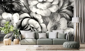 Tapet flori în design alb-negru