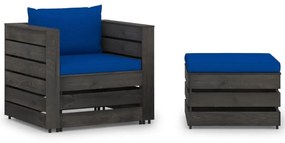 Set mobilier de gradina cu perne, 2 piese, lemn gri tratat albastru si gri, 2
