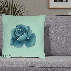 Perna Decorativa Trandafir Albastru Acuarela, 40x40 cm, Verde Menta, Husa Detasabila, Perna Inclusa, BEKZ®