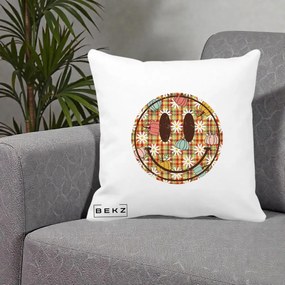 Perna Decorativa Smiley Face de Toamna cu Tartan si Dovlecei, 40x40 cm, Alba Mata, Husa Detasabila, Perna Inclusa, BEKZ®