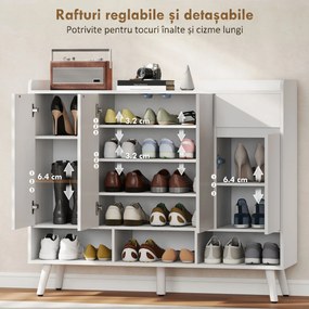 HOMCOM Pantofar Hol cu 4 Uși Push-to-Open, Rafturi Reglabile, MDF și Lemn Pin, 120x35x100 cm, Alb | Aosom Romania