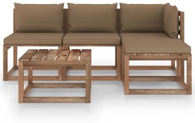Set mobilier gradina paleti, cu perne, 5 piese, lemn pin tratat Gri taupe, Colt + 2x mijloc + 2x suport pentru picioare, 1