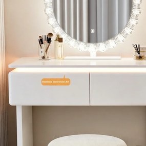 RESIGILAT- Set ELYSIA LED – Masă de Toaletă pentru Machiaj, cu Oglindă Iluminată LED, în trei culori, Control Touch, Comoda, Taburet, 80 cm, Alb