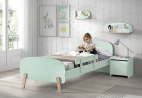 Set KIDDY în verde mentă format dintr-un Pat copii (90x200), noptieră, 2 rafturi de perete (45 și 65 cm) și o bară de siguranță.