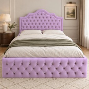 Pat tapițat Chesterfield din catifea Imperio Deluxe 160×200 cm, lila, cu ladă de depozitare