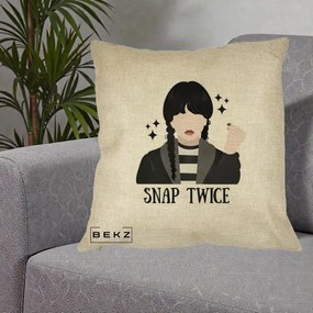 Perna Personalizata Wednesday Snap Twice, 40x40 cm, Crem, Husa Detasabila, Perna Inclusa, BEKZ®