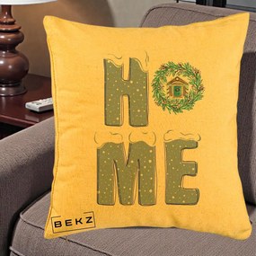 Perna Decorativa HOME Iarna cu Coroana, 40x40 cm, Galben, Husa Detasabila, Perna Inclusa, BEKZ®