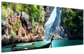 Tablou - Apă peisaj mediteranean cu barca (120x50 cm)