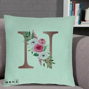 Cadou Personalizat - Perna Personalizata Monograma Rose Gold Litera N, 40x40 cm, Verde Menta, Husa Detasabila, Perna Inclusa, BEKZ®