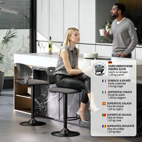Set HOMCOM de 2 Scaune de Bar Reglabile, Scaune de Bucătărie Înalte din Țesătură Tip In cu Spătar, Suport pentru Picioare și Scaun Moale, Structură din Metal, Scaune de Bar Rotative la 360°, Negru | Aosom Romania