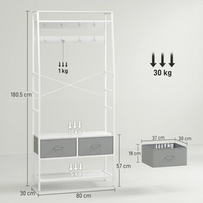 HOMCOM Cuier pentru pantofi cu spațiu pentru pantofi, cârlige, sertare, bară și raft pentru intrare, hol, living 80x30x180,5 cm Alb | Aosom Romania