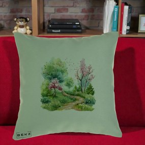 Perna Decorativa Gradina Primavara Acuarela, 40x40 cm, Verde, Husa Detasabila, Perna Inclusa, BEKZ®