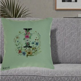 Cadou Personalizat - Perna Personalizata Monogram Litera I cu Flori Acuarela, 40x40 cm, Verde, Husa Detasabila, Perna Inclusa, BEKZ®