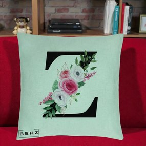 Cadou Personalizat - Perna Personalizata Monograma Florala Litera Z cu Buchet, 40x40 cm, Verde Menta, Husa Detasabila, Perna Inclusa, BEKZ®