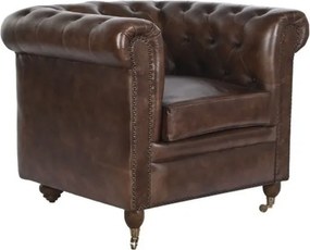 Fotoliu Chesterfield din piele naturală maro închis, vintage, capitonat cu nasturi, cu ținte decorative și roți metalice, 84×77×77 cm, „Mayfair”