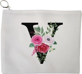 Portfard Cosmetice tip Plic, Cu litera V si Trandafiri, 23x18 cm, Alb, BEKZ®