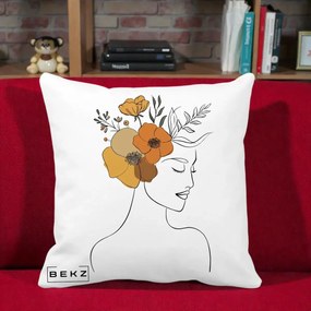 Perna Decorativa Portret Feminin Flori Galbene-Portocalii, 40x40 cm, Alba Mata, Husa Detasabila, Perna Inclusa, BEKZ®