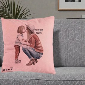 Cadou pentru Mama - Perna Personalizata Super Mom Acuarela, 40x40 cm, Roz, Husa Detasabila, Perna Inclusa, BEKZ®