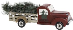 Decorațiune vintage camionetă cu brad de Crăciun, din lemn și metal, pictat manual, H16 cm