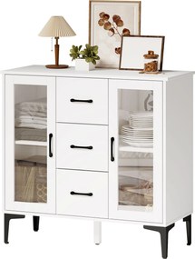 HOMCOM Bufet modern cu uși Soft-Close, bufet cu 3 sertare, 2 uși din sticlă, rafturi reglabile, MDF, Alb | Aosom Romania