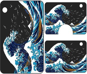 Set covoare baie antiderapante, 3 piese, model valuri oceanice decorative