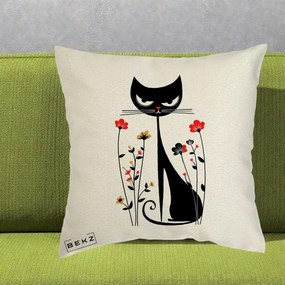 Perna Decorativa Pisica Neagra Grafica Flori Rosii, 40x40 cm, Ecru, Husa Detasabila, Perna Inclusa, BEKZ®