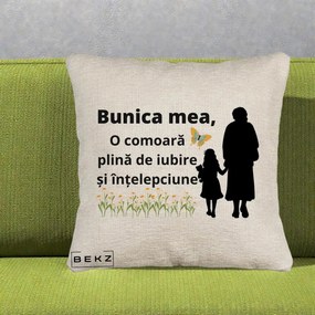 Cadou pentru Bunica - Perna Personalizata Bunica Mea Comoara Iubire Intelepciune Varianta Extinsa, 40x40 cm, Bej Canapea, Husa Detasabila, Perna Inclusa, BEKZ®