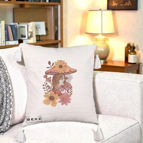 Perna Decorativa Fata Ciuperca Florala Boho, 40x40 cm, Bej cu Franjuri, Husa Detasabila, Perna Inclusa, BEKZ®