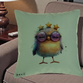 Perna Decorativa Pui Pop Star cu Ochelari Stele Violet, 40x40 cm, Verde, Husa Detasabila, Perna Inclusa, BEKZ®