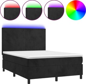 vidaXL Pat cu arcuri, saltea și LED, negru, 140x200 cm, catifea